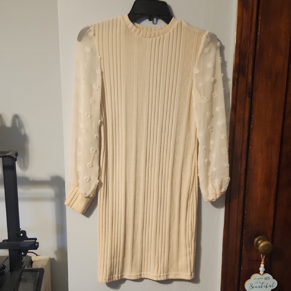 SHEIN Cream Long Sleeve Dress with Floral Sheer Sleeves